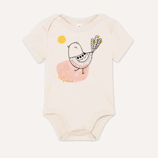 kurzärmlig Baby-Body mit Spatz Vogel Motiv aus 100% Bio-Baumwolle von little Ruby Berlin