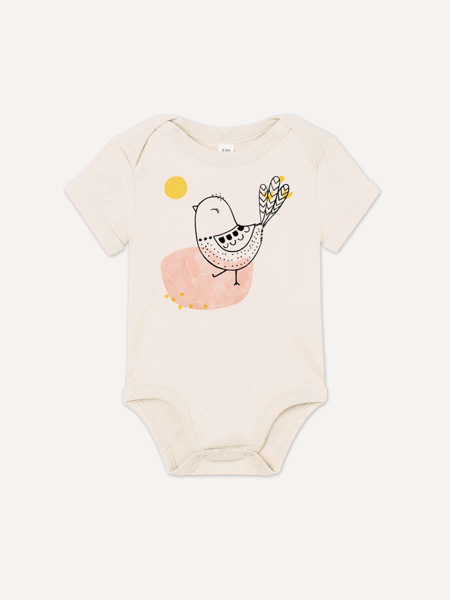 kurzärmlig Baby-Body mit Spatz Vogel Motiv aus 100% Bio-Baumwolle von little Ruby Berlin