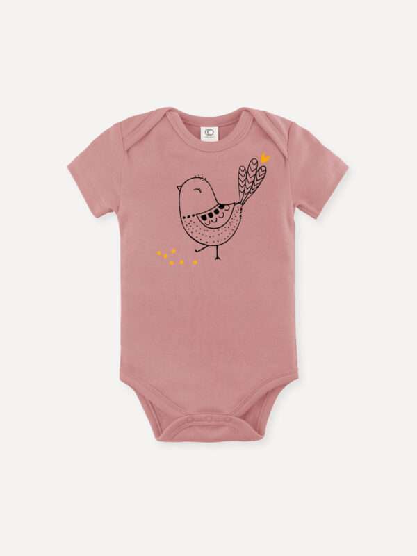 rosa Baby-Body mit Vogel Spatz Motiv aus 100% Bio-Baumwolle von little Ruby Berlin