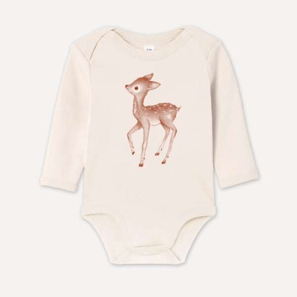 Reh-Bambi-Baby-Body-l01-little-ruby langärmlig Baby-Body aus 100 % Bio-Baumwolle mit Bambi Rekitz Reh Motiv von little Ruby Berlin