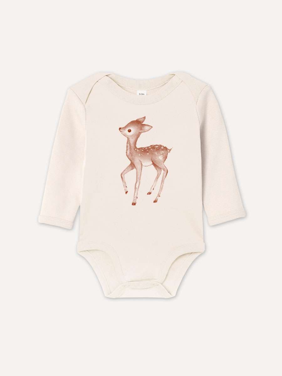 Reh-Bambi-Baby-Body-l01-little-ruby langärmlig Baby-Body aus 100 % Bio-Baumwolle mit Bambi Rekitz Reh Motiv von little Ruby Berlin