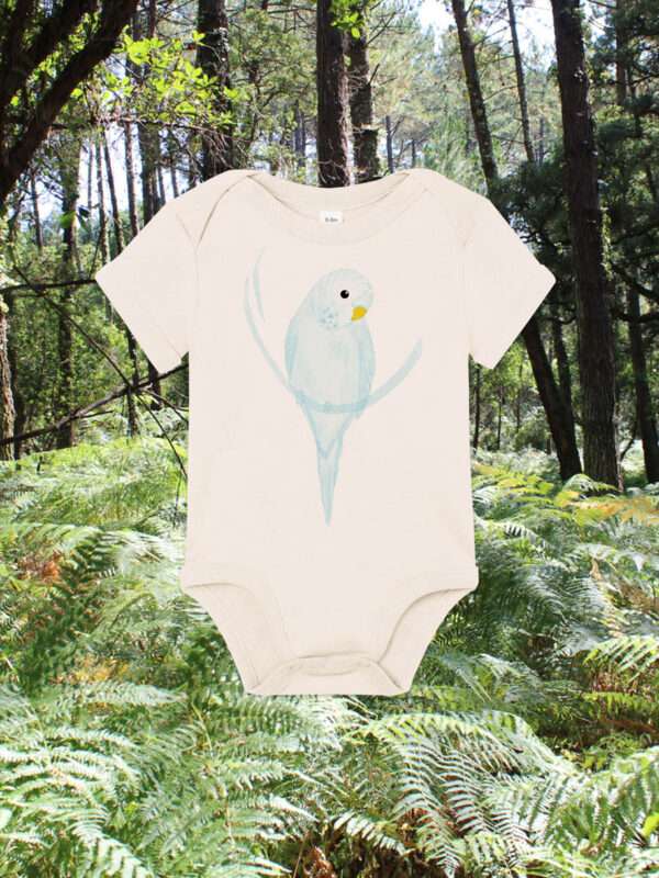 Baby-Body aus 100 % Bio-Baumwolle mit Wellensittich Motiv bedruckt von little Ruby Berlin