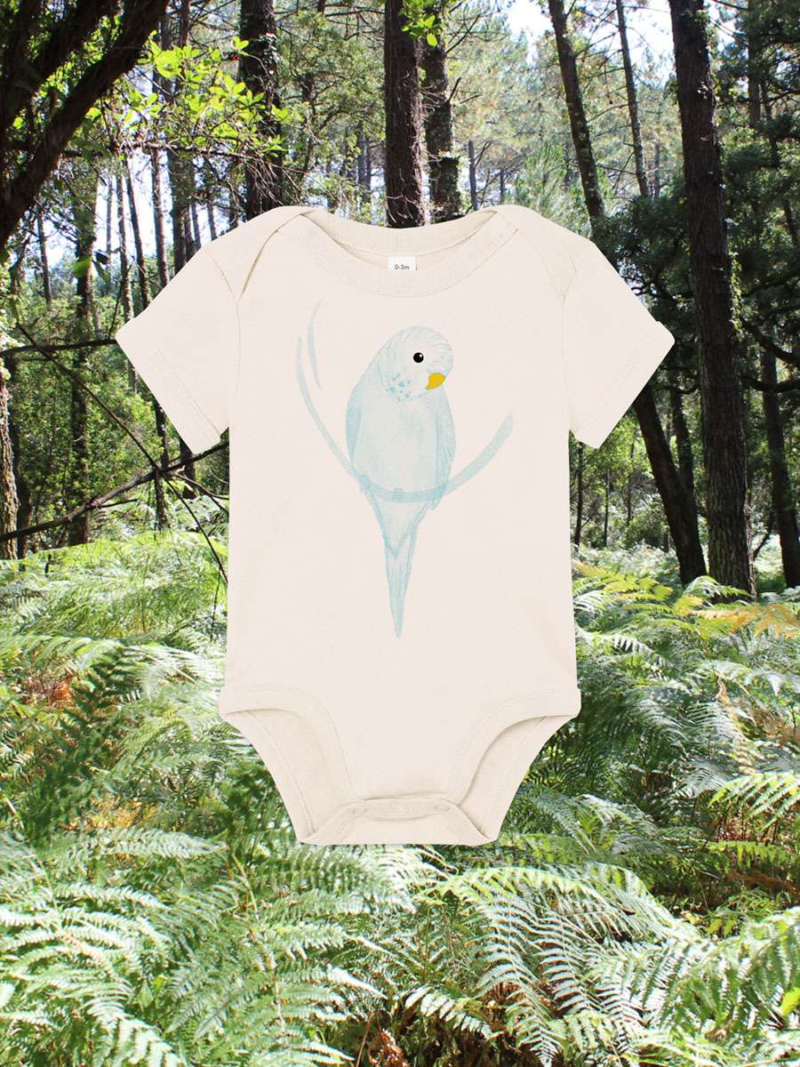 Baby-Body aus 100 % Bio-Baumwolle mit Wellensittich Motiv bedruckt von little Ruby Berlin