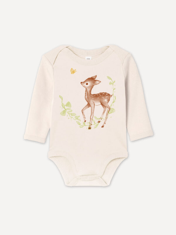 Baby-Body aus 100 % Bio-Baumwolle mit Bambi Rekitz Reh Schmetterlin Wald Motiv von little Ruby Berlin
