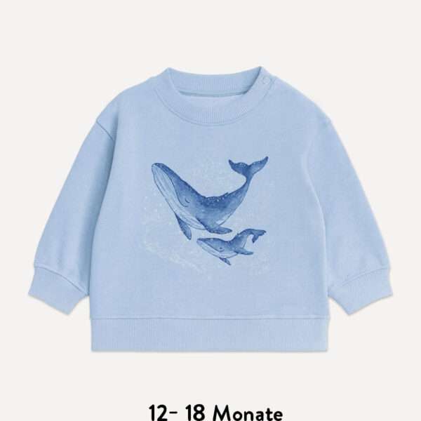 Hellblauer Baby-Sweatshirt Pullover Größe 12-18 Monate mit leuchtendem Buckelwal-Motiv von little Ruby Berlin