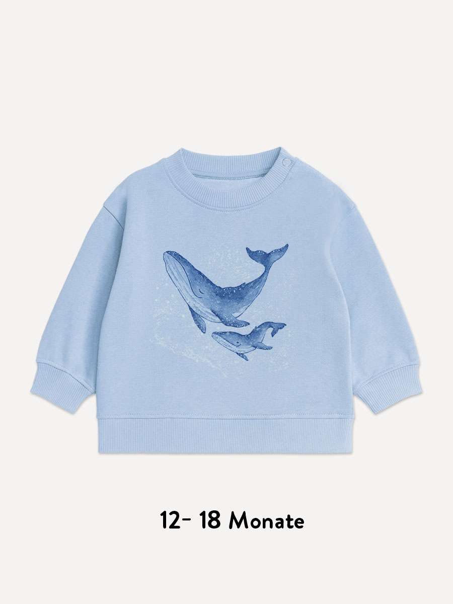 Hellblauer Baby-Sweatshirt Pullover Größe 12-18 Monate mit leuchtendem Buckelwal-Motiv von little Ruby Berlin