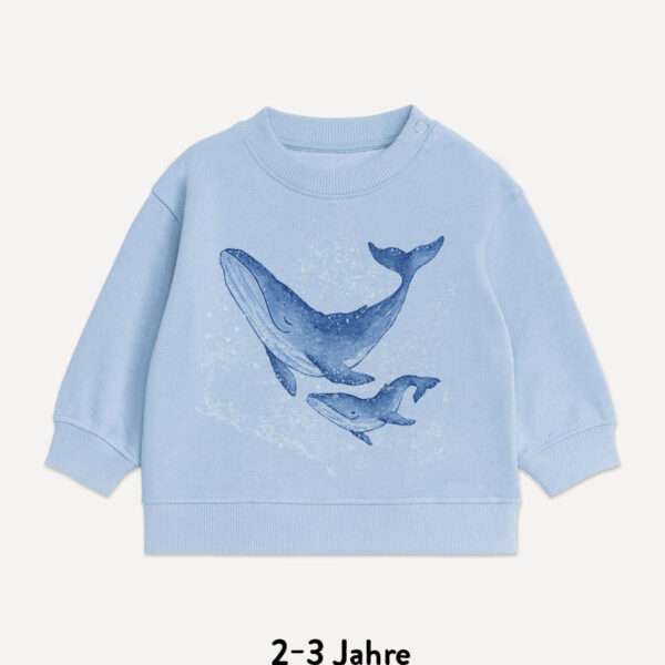 Hellblauer Baby-Sweatshirt Pullover für 2-3 jährige mit leuchtendem Buckelwal-Motiv von little Ruby Berlin