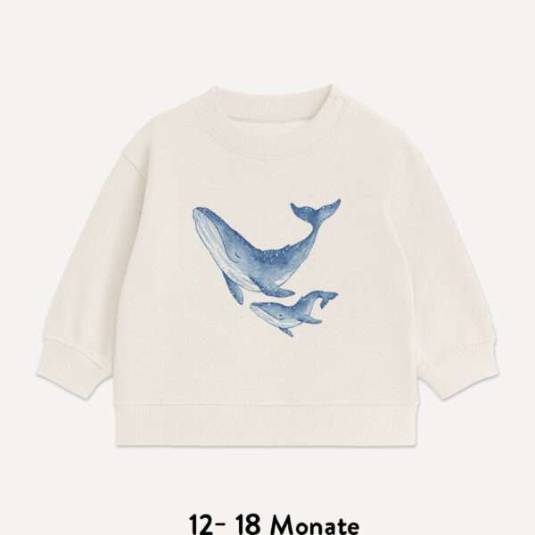Naturfarbener Baby Sweatshirt 12-18 Monate aus ungebleichtem French Terry mit leuchtendem Buckelwal Motiv von little Ruby Berlin