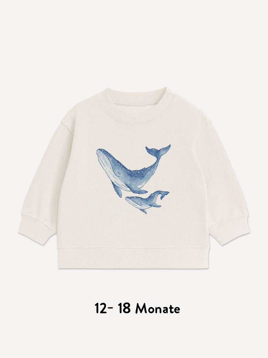 Naturfarbener Baby Sweatshirt 12-18 Monate aus ungebleichtem French Terry mit leuchtendem Buckelwal Motiv von little Ruby Berlin