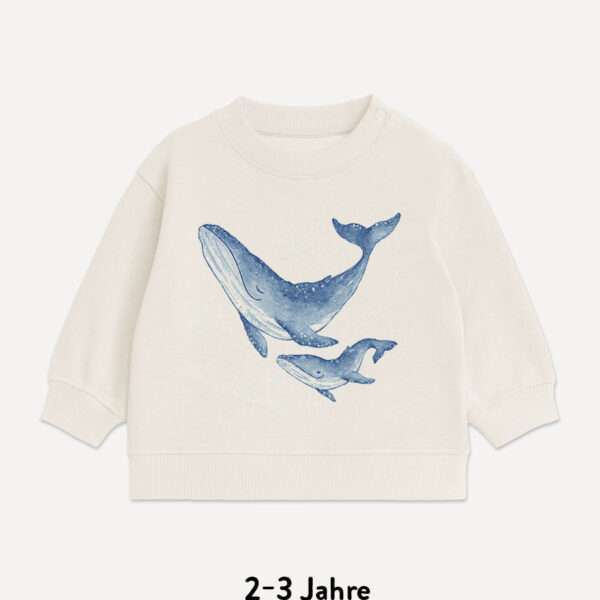 Naturfarbener Baby Sweatshirt mit flow in the dark für 2-3 Jahre aus ungebleichtem French Terry mit leuchtendem Buckelwal Motiv von little Ruby Berlin